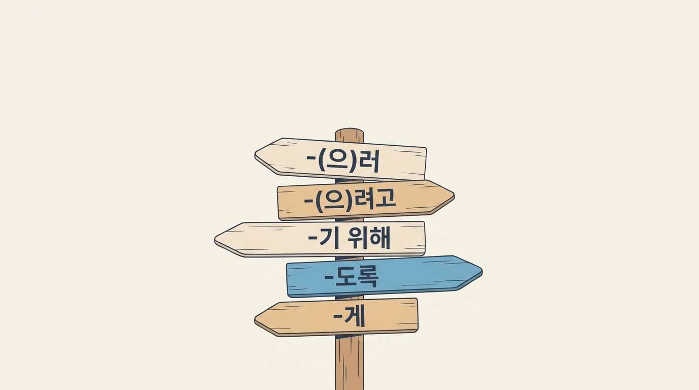 Five wooden signposts mounted on a single wooden pole, each labeled with a Korean grammar pattern that English speakers reach for as 'for': -(으)러, -(으)려고, -기 위해, -도록, -게. Each sign points in a different direction, suggesting the patterns lead to different uses.